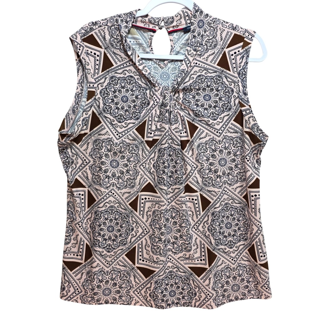 Tommy Hilfiger Womens XL Pink Brown Paisley Bandana Twist Front High Neck Blouse